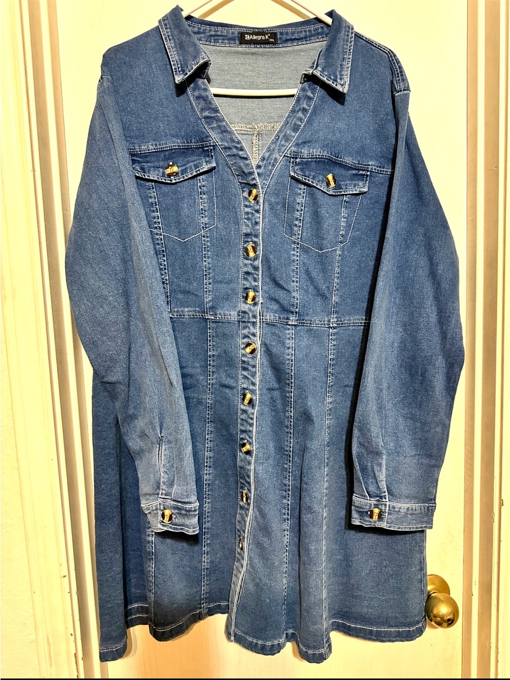 Allegra K Blue Denim Button-Front Jacket Dress with Brown Buttons